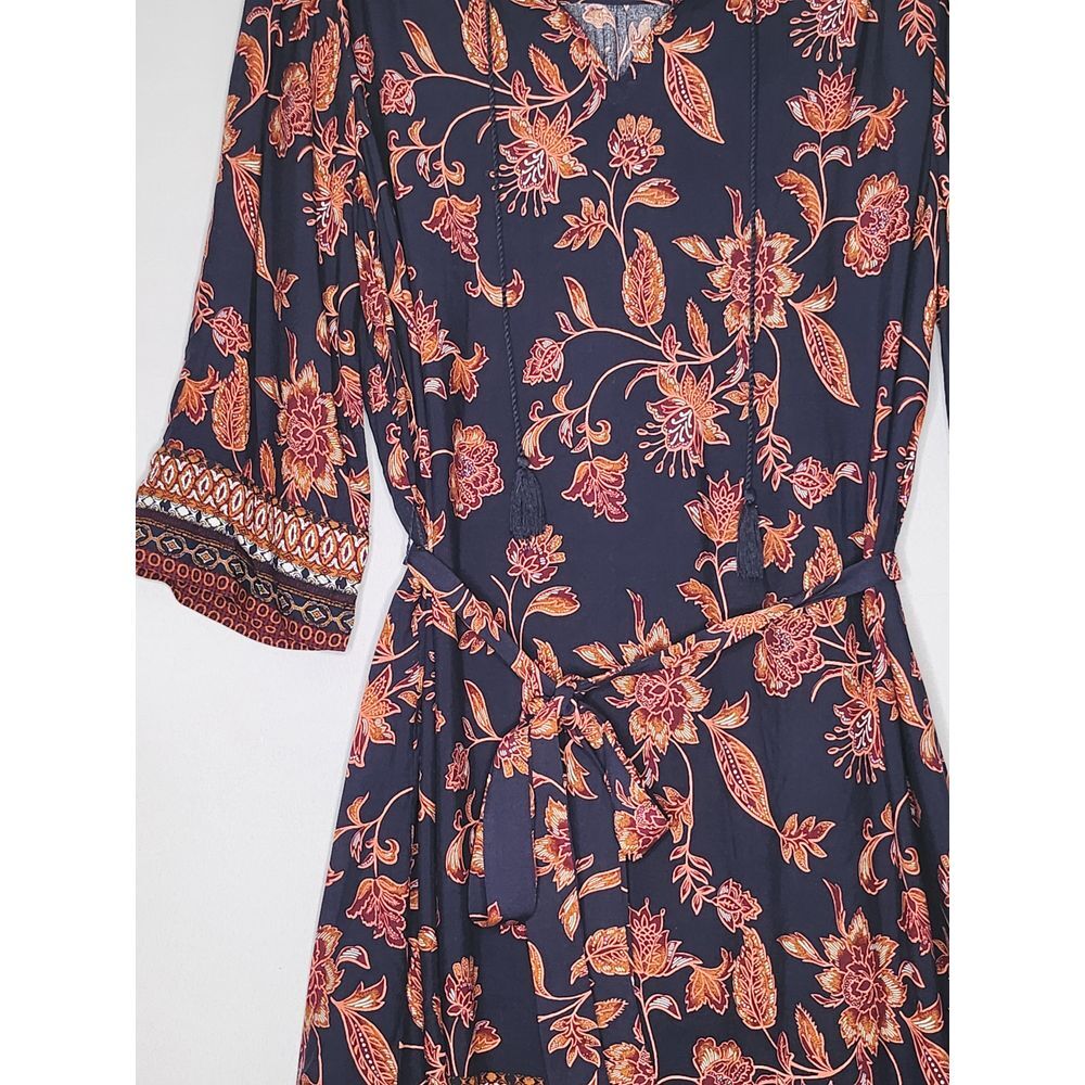 BeachLunchLounge Mini Dress Large‎ Blue Orange Floral Print Size Large Waist Tie - Picture 5 of 9